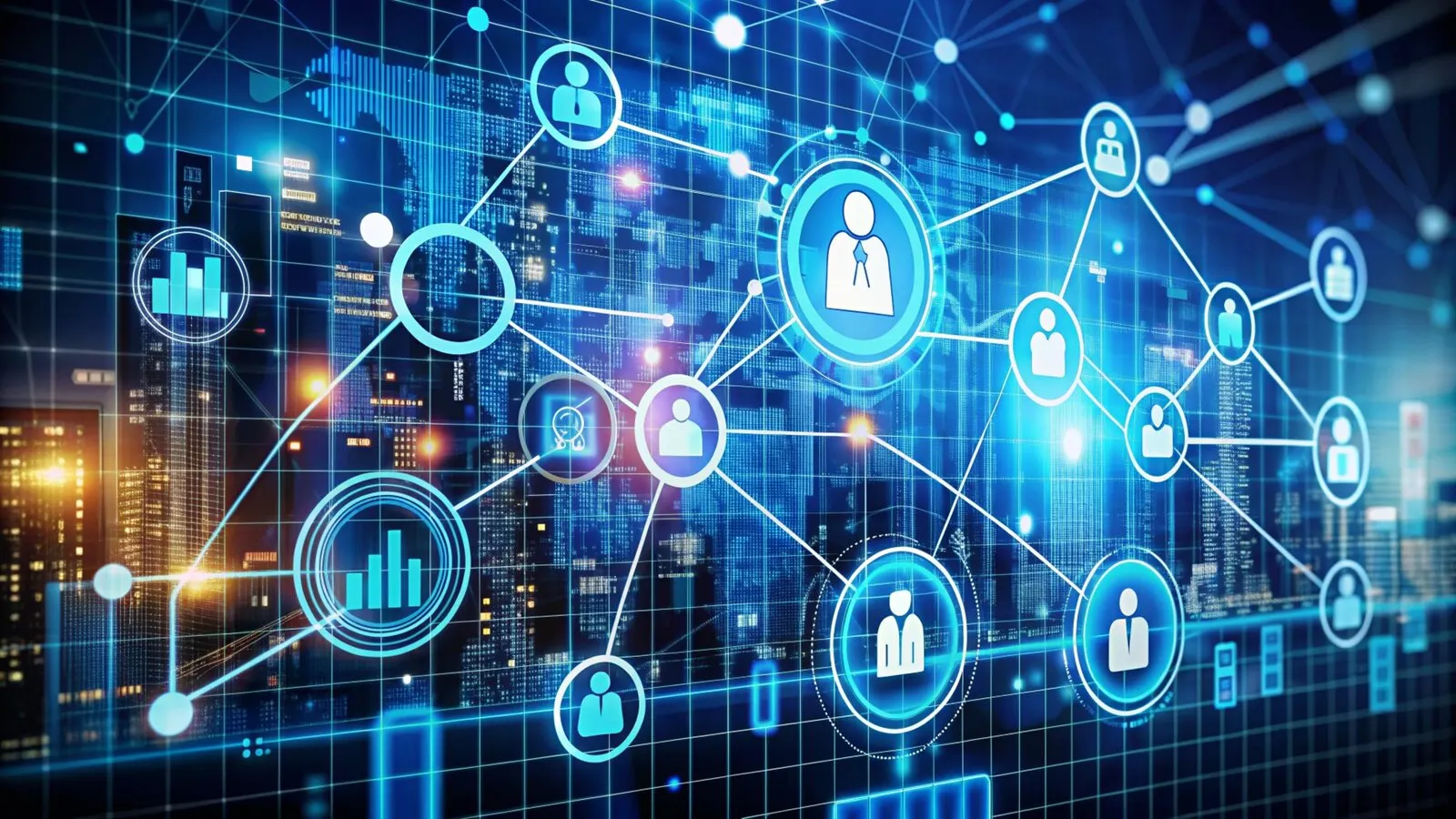 Rede de conexões representando pessoas e sistemas digitais integrados