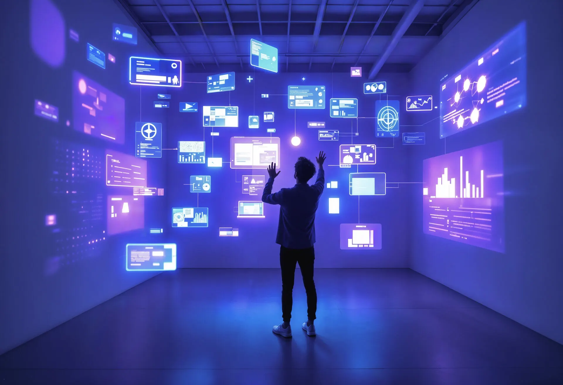Pessoa diante de painéis digitais com dados e indicadores projetados nas paredes